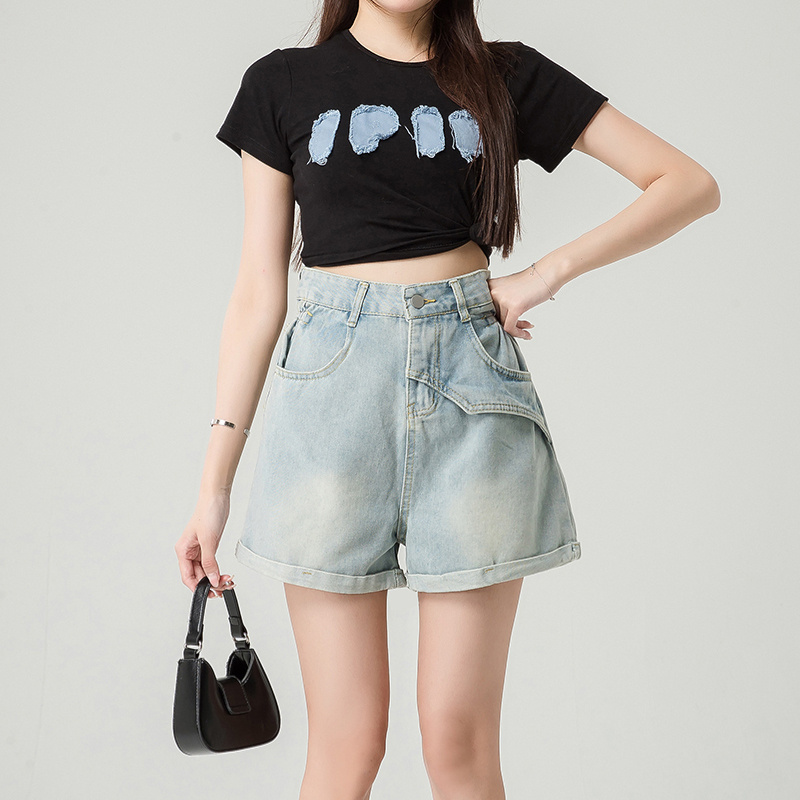 高腰口袋顯瘦寬腿A字牛仔短褲