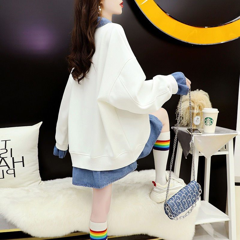 韓系假兩件POLO領牛仔拼接衛衣(2色)