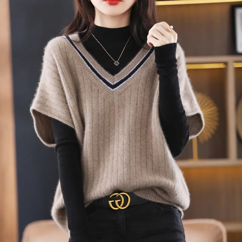 蝙蝠袖寬鬆背心V領針織馬甲(4色)