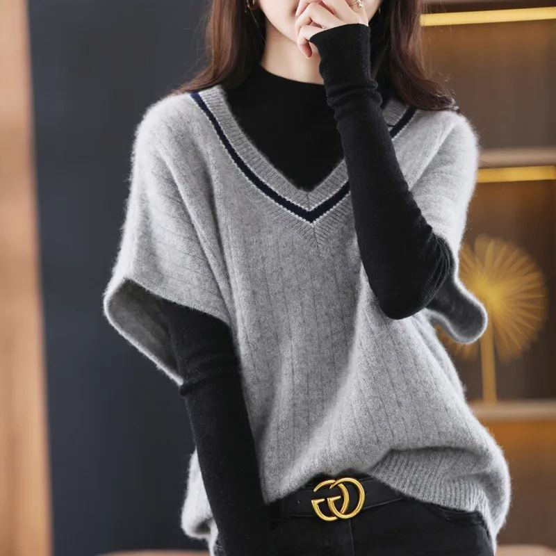 蝙蝠袖寬鬆背心V領針織馬甲(4色)