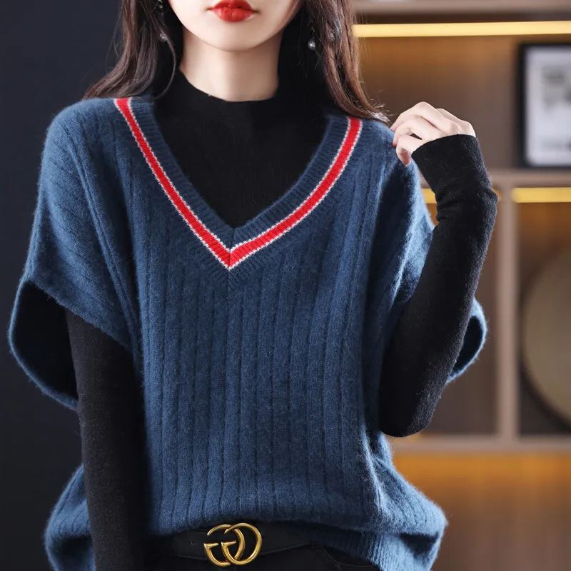 蝙蝠袖寬鬆背心V領針織馬甲(4色)