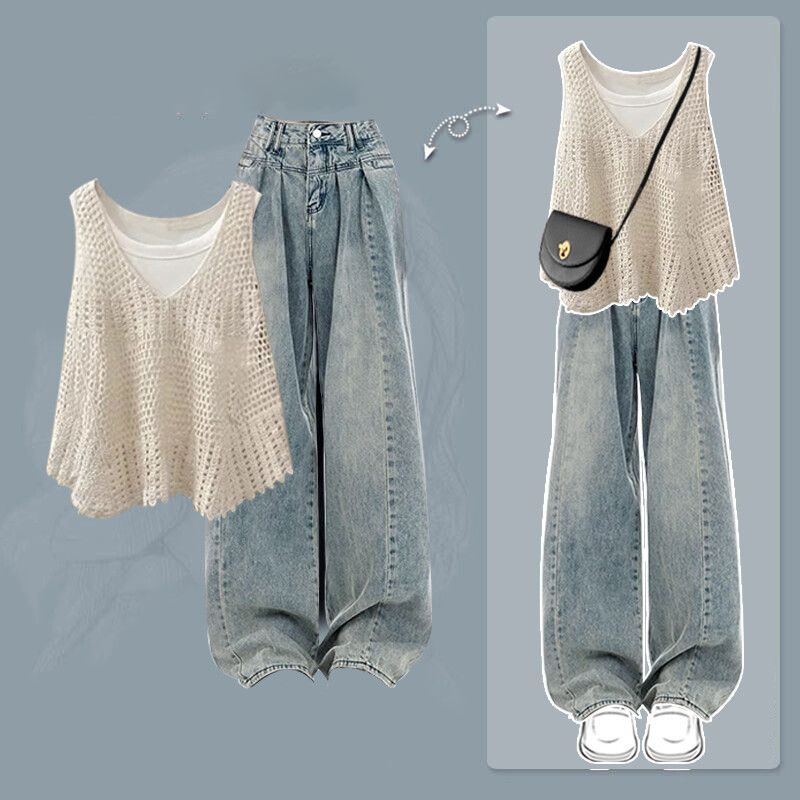 【整套/單件】設計感鏤空馬甲背心寬鬆牛仔褲三件套裝
