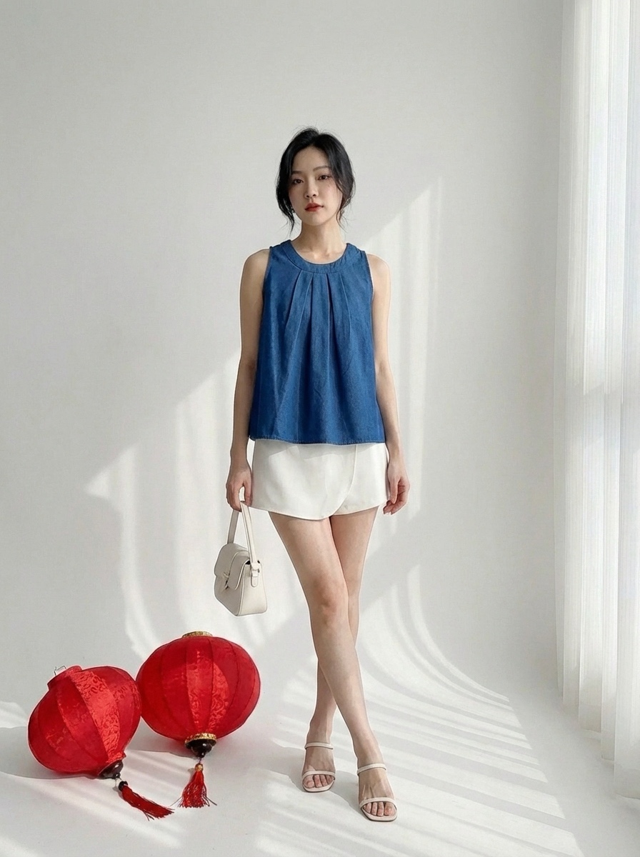 T72707 AVELYN PLEATED DENIM TANK