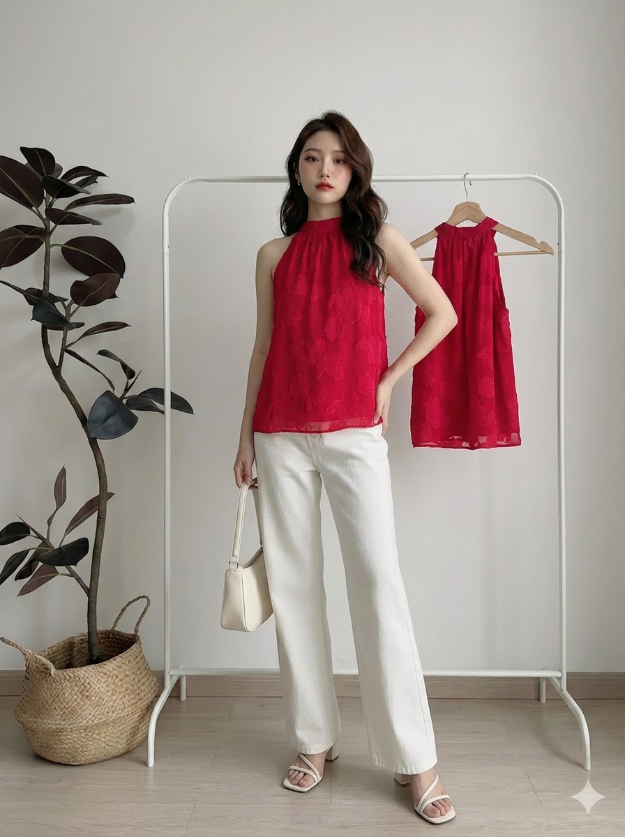 T72563 FLORAL HALTER LADY TOP