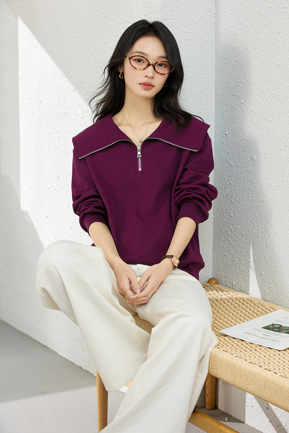 Temperament navy collar casual loose slim long sleeve sweater-VIMLYSTORE