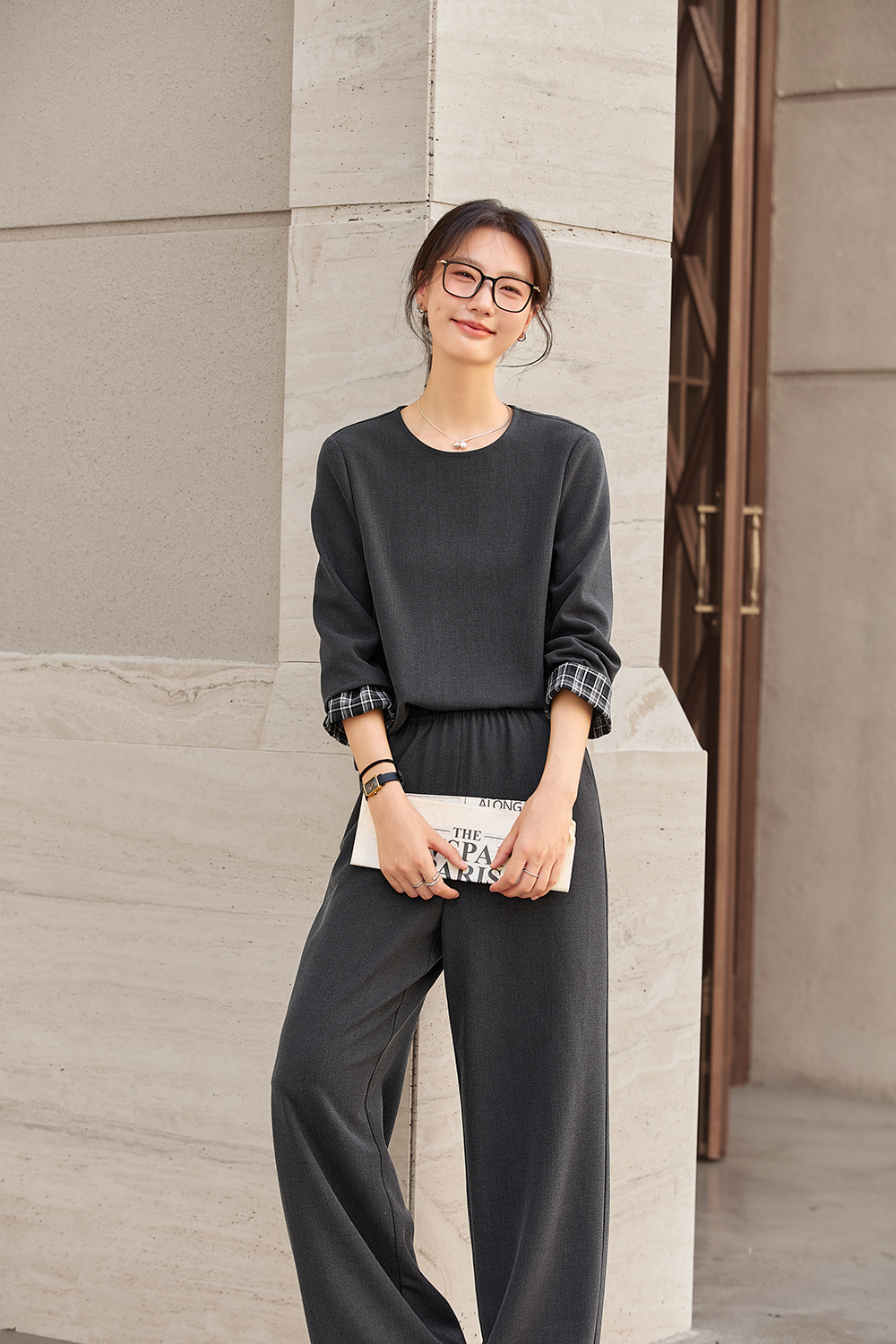 Effortless Gray Knit Top & Palazzo Pants Office Set-VIMLYSTORE
