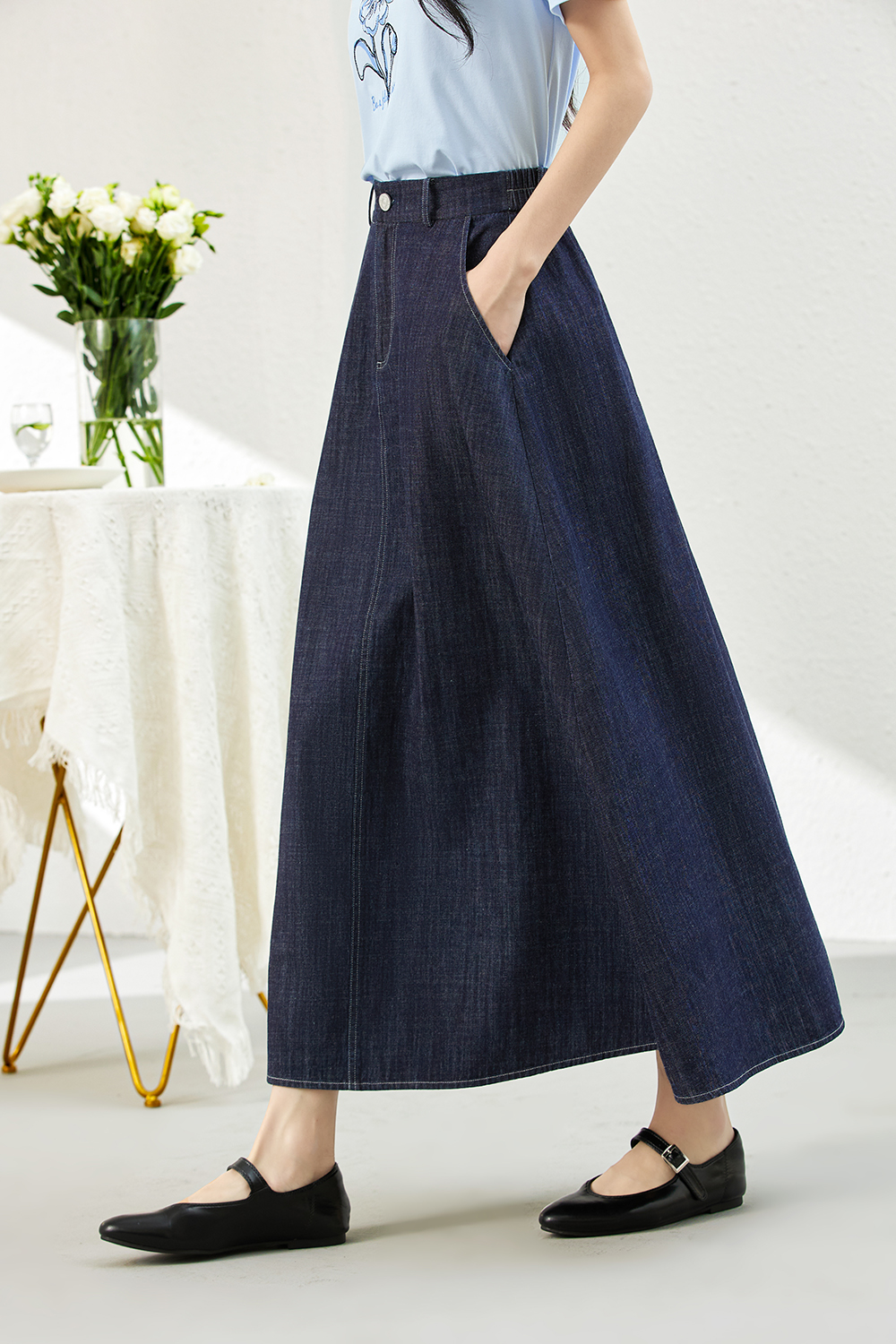 Denim A-Line Skirt with Contour Waistband-VIMLYSTORE