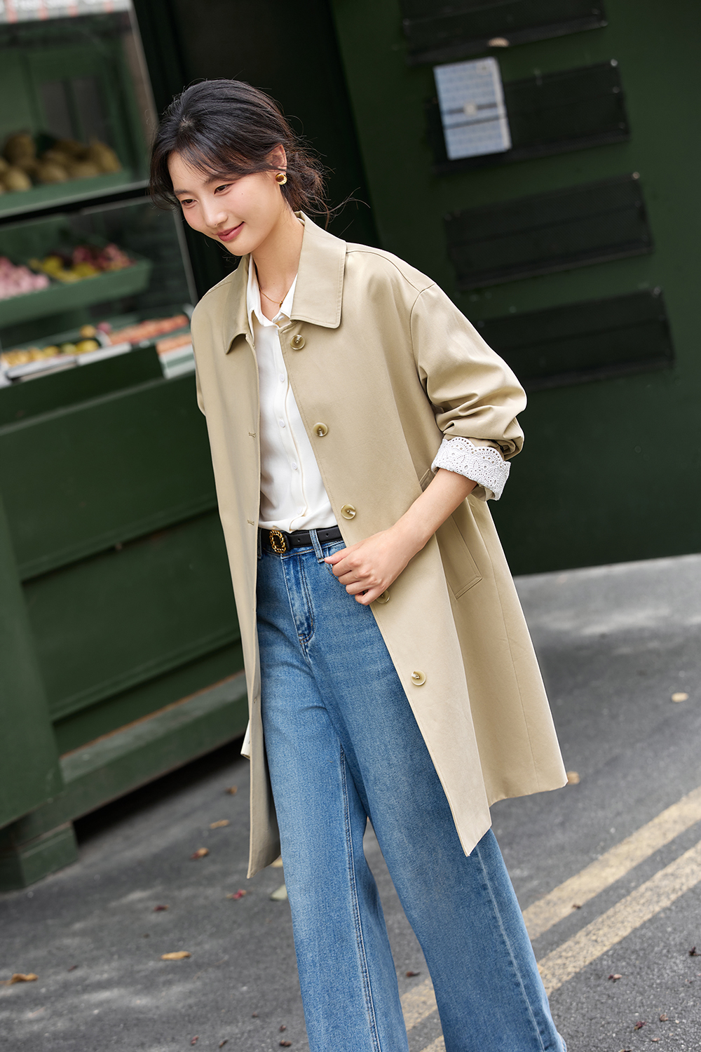 Lace-Cuff Trench Coat with Structured Silhouette-VIMLYSTORE