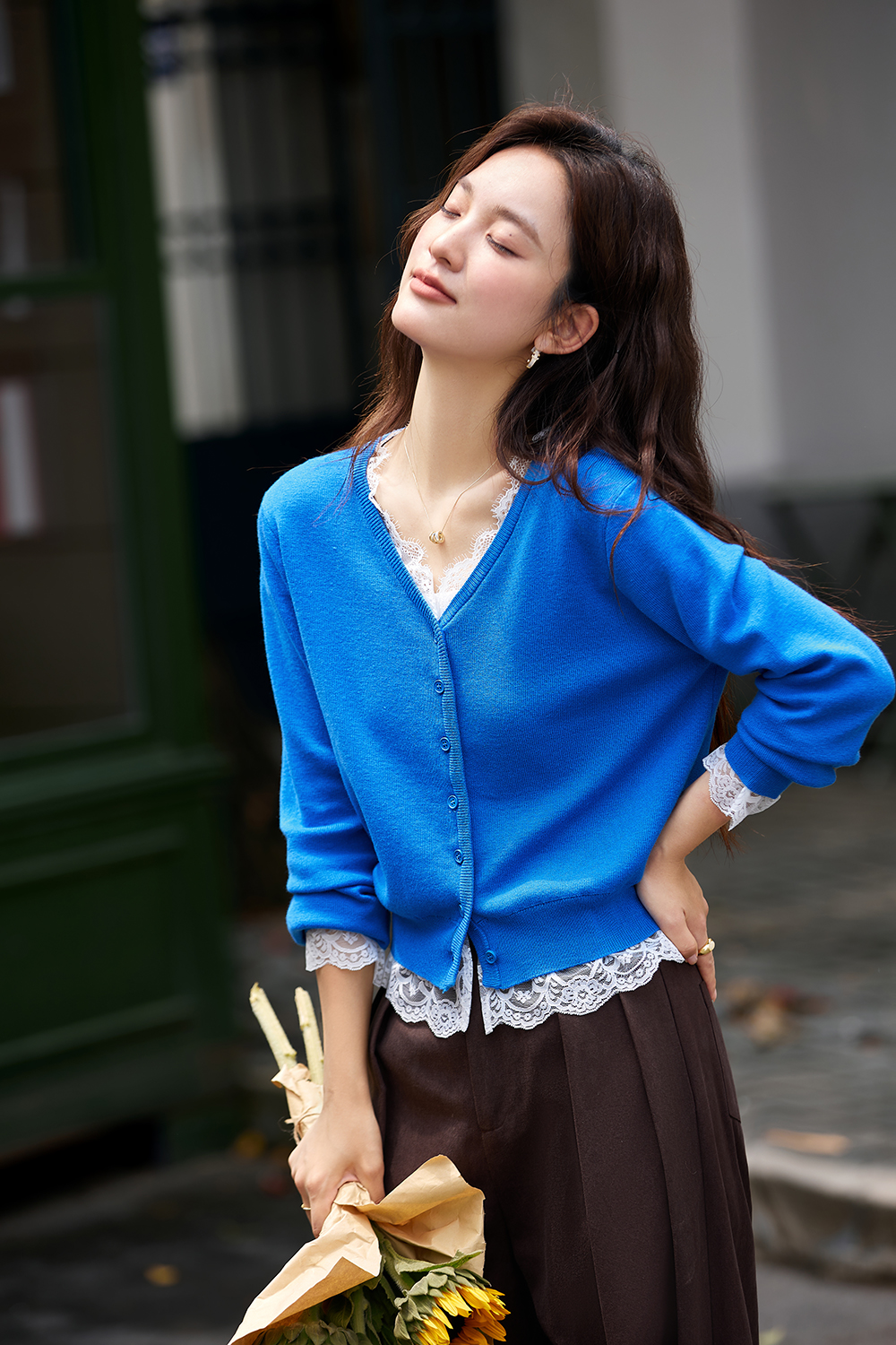 Lace-Paneled V-Neck Cardigan Wrap-VIMLYSTORE