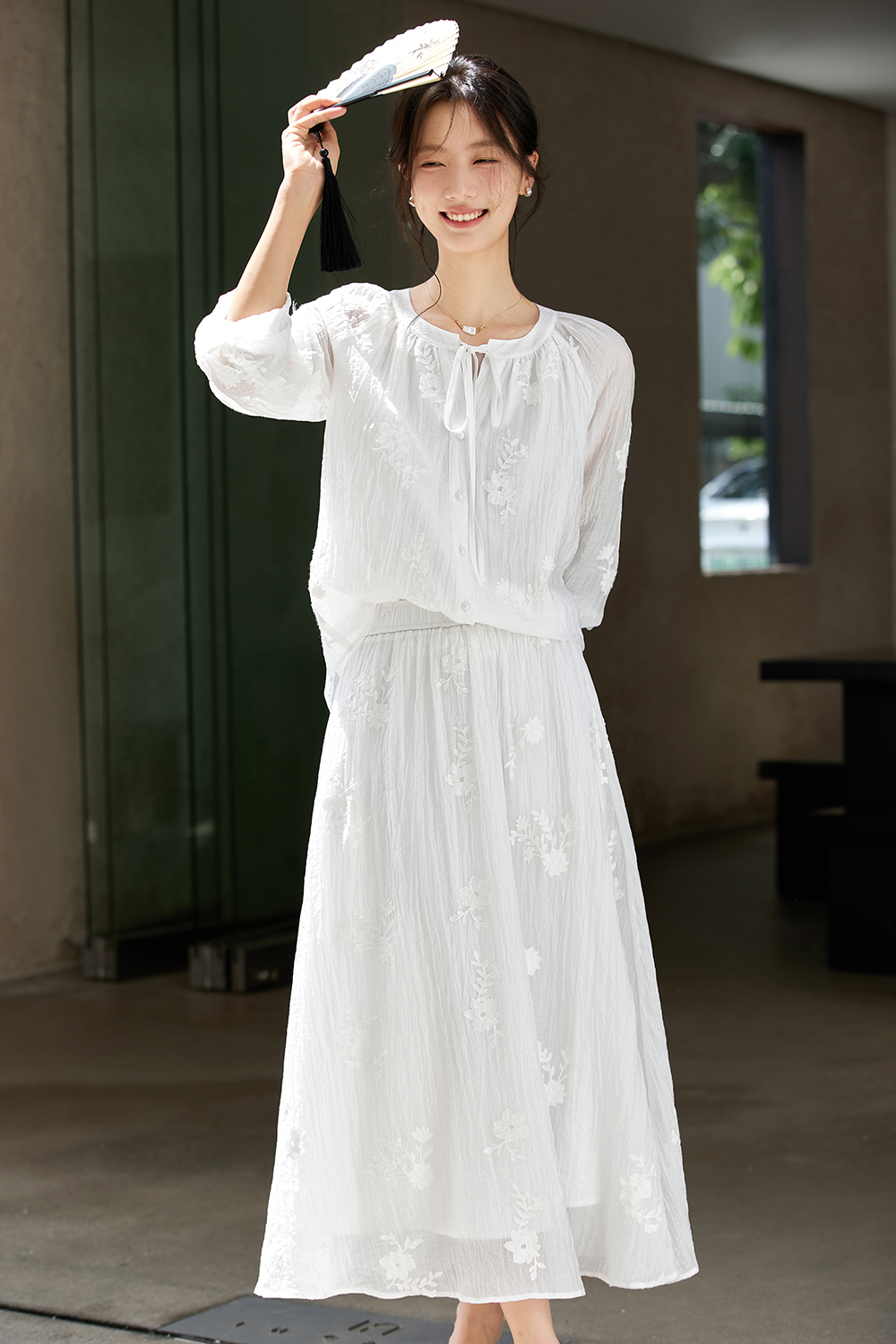 Broderie Anglaise Blouse & Maxi Skirt Coord Set-VIMLYSTORE