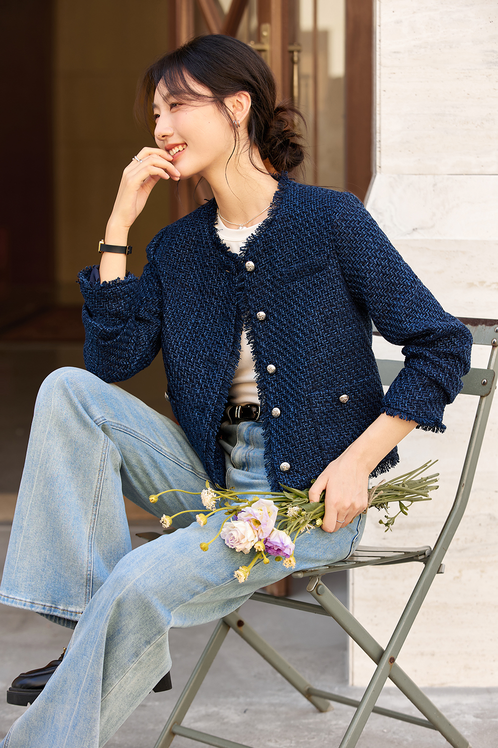 Navy Short Raw Edge Design Round Neck CN style Jacket-VIMLYSTORE