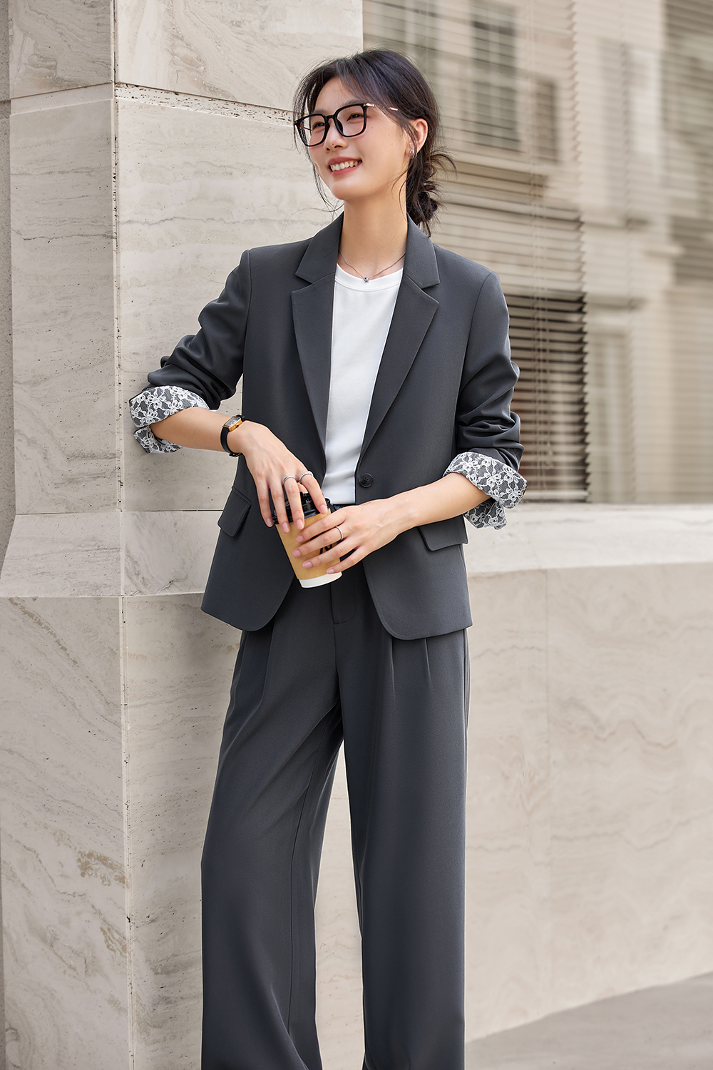 Commute Lapel Top with Wide-Leg Trousers Suit Set-VIMLYSTORE