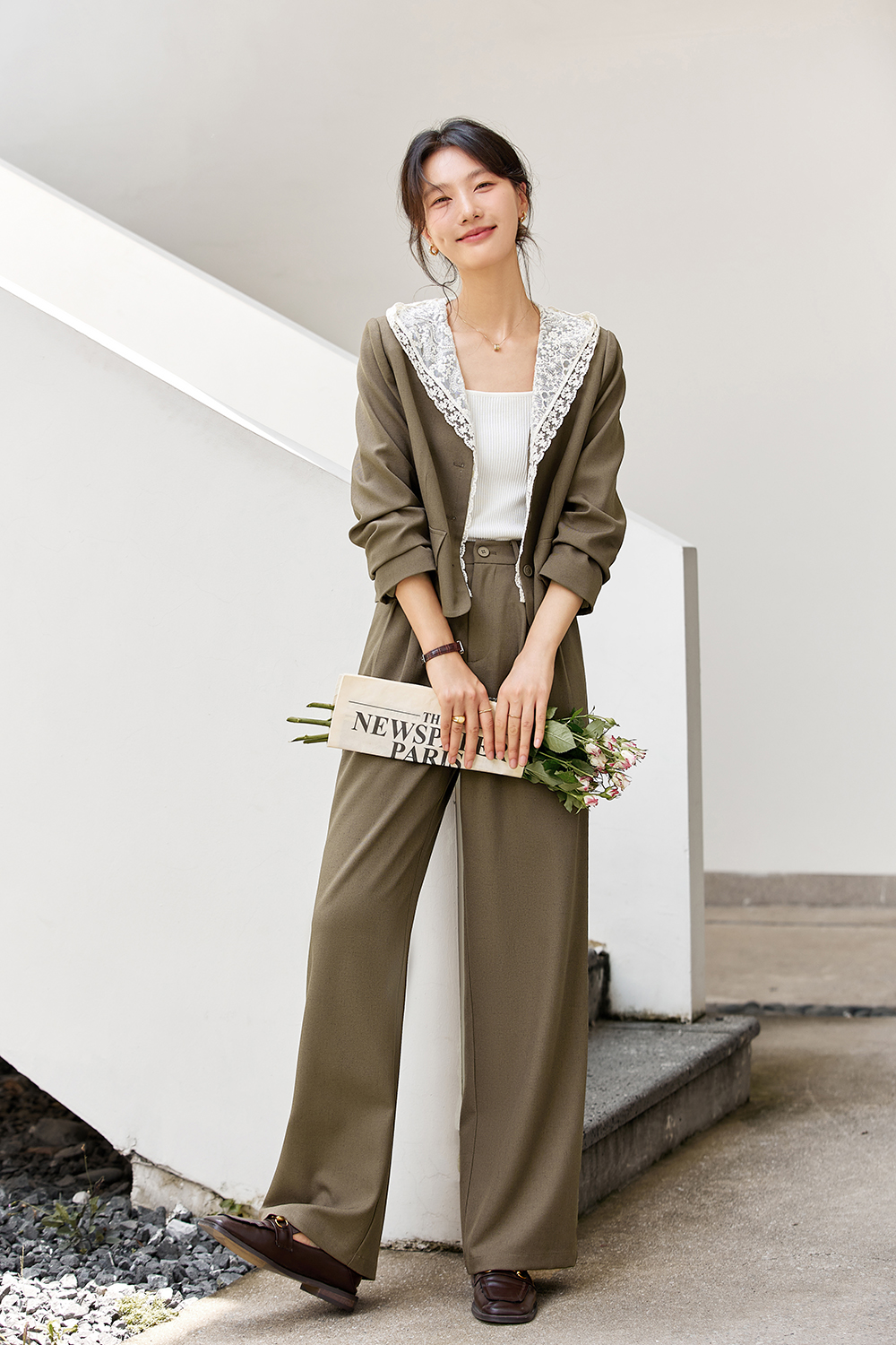 Hooded Lace Jacket Top with Casual Trousers Suit Set-VIMLYSTORE