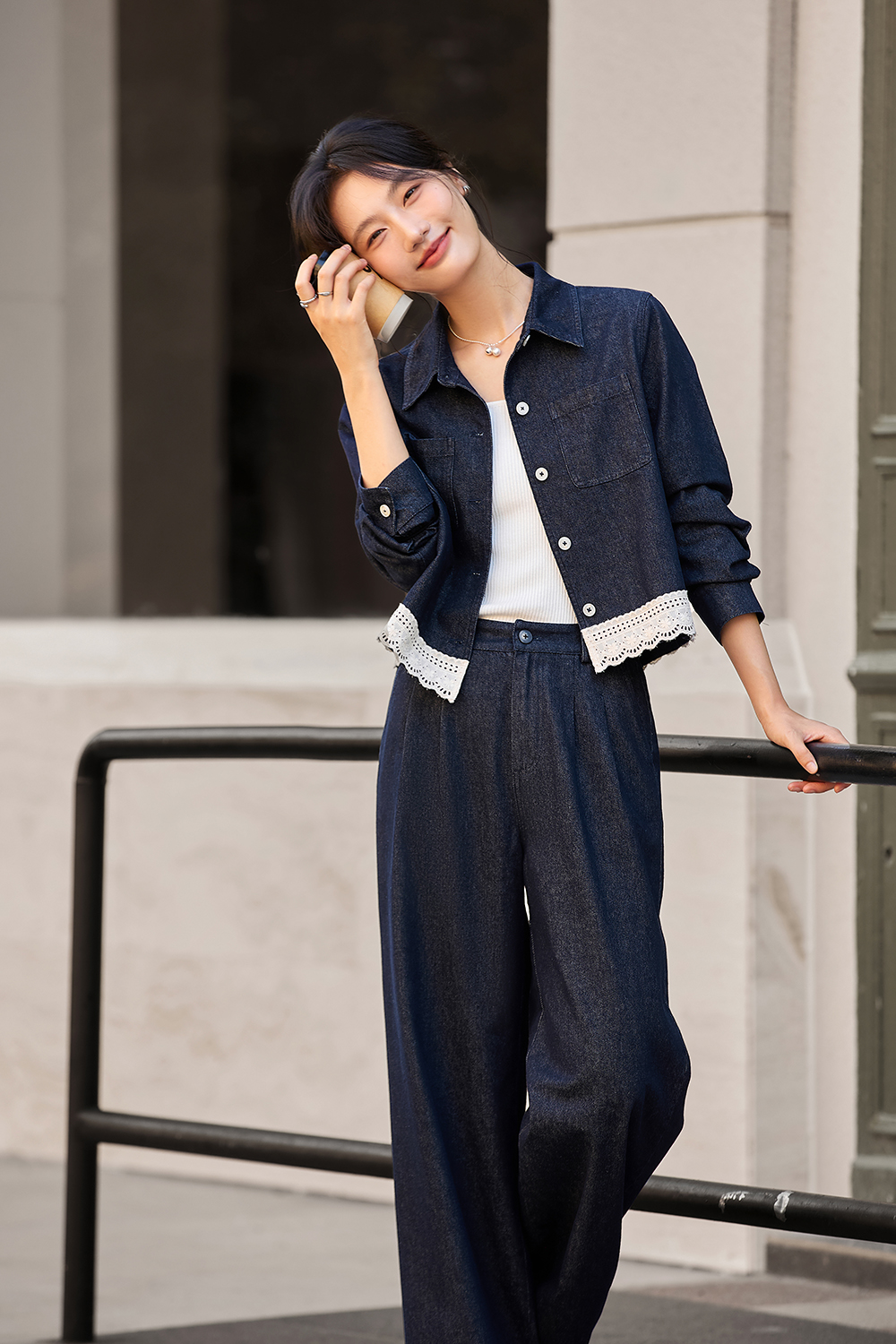 Lace Trim Lapel Jacket and Pants Denim Set-VIMLYSTORE