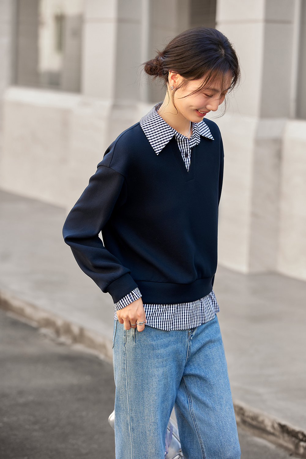 Design-Forward Slimming Preppy Style Lapel Fake Two-Piece Sweatshirt-VIMLYSTORE