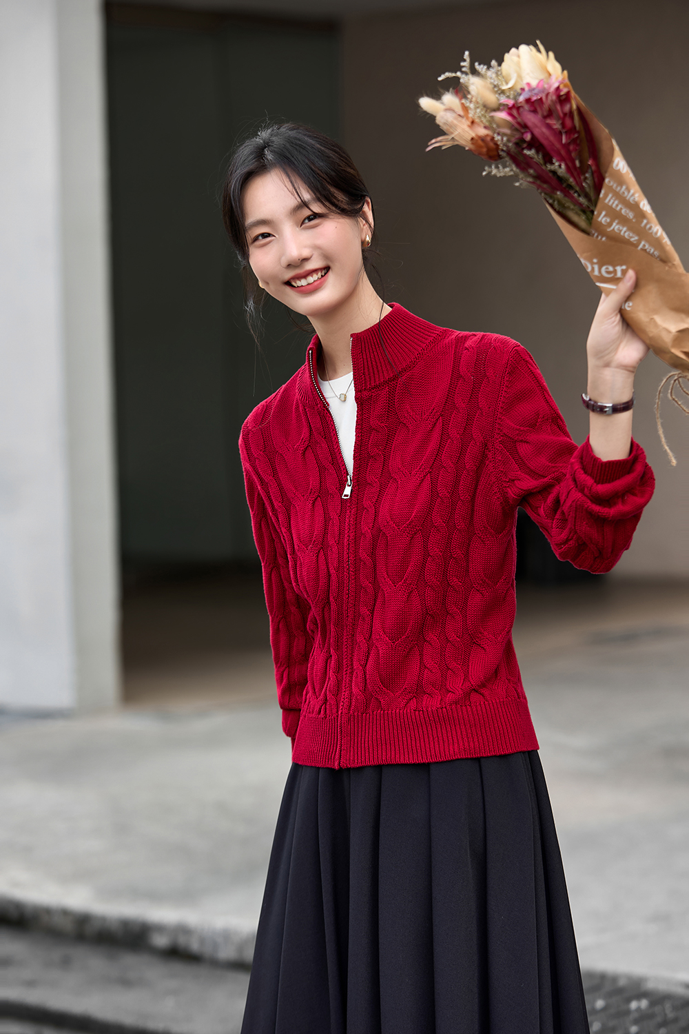 Twisted Cable Stand Neck Zipper Knit Cardigan-VIMLYSTORE