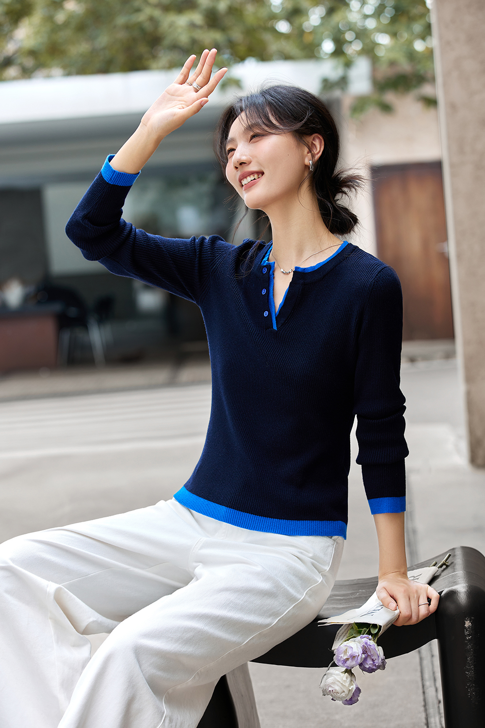 Color-Block Fake Two-Piece Round Neck Fitted Slimming Versatile Knit Top-VIMLYSTORE