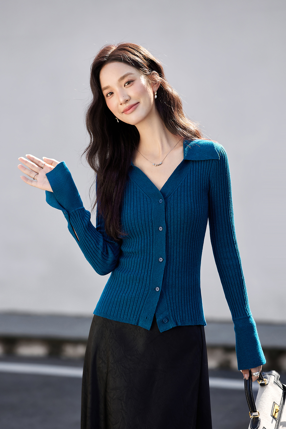 Minimalist Slimming Fitted Ribbed Fold-Over V-Neck Knit Cardigan-VIMLYSTORE