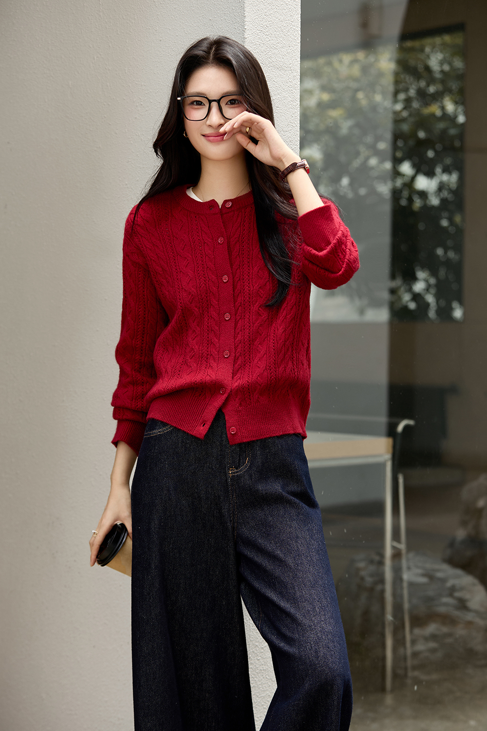 Red Cable-Knit Loose Wool Blend Round Neck Knit Sweater-VIMLYSTORE