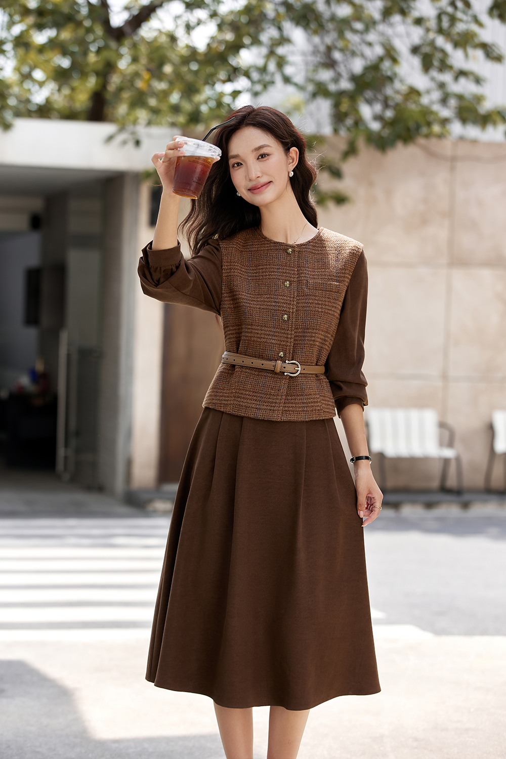 Brown Elegant Round Neck Vest with Long Dress Set-VIMLYSTORE