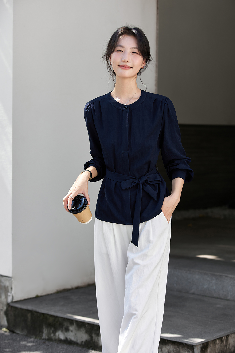 Navy Blue Korean-Style Puff Sleeve Waist-Defining Slimming Round Neck Blouse-VIMLYSTORE