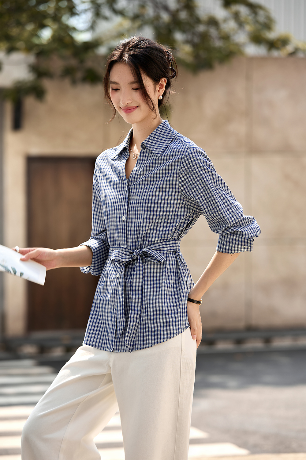Lapel Tie-Waist Slimming Pure Cotton Long Sleeve Plaid Shirt-VIMLYSTORE