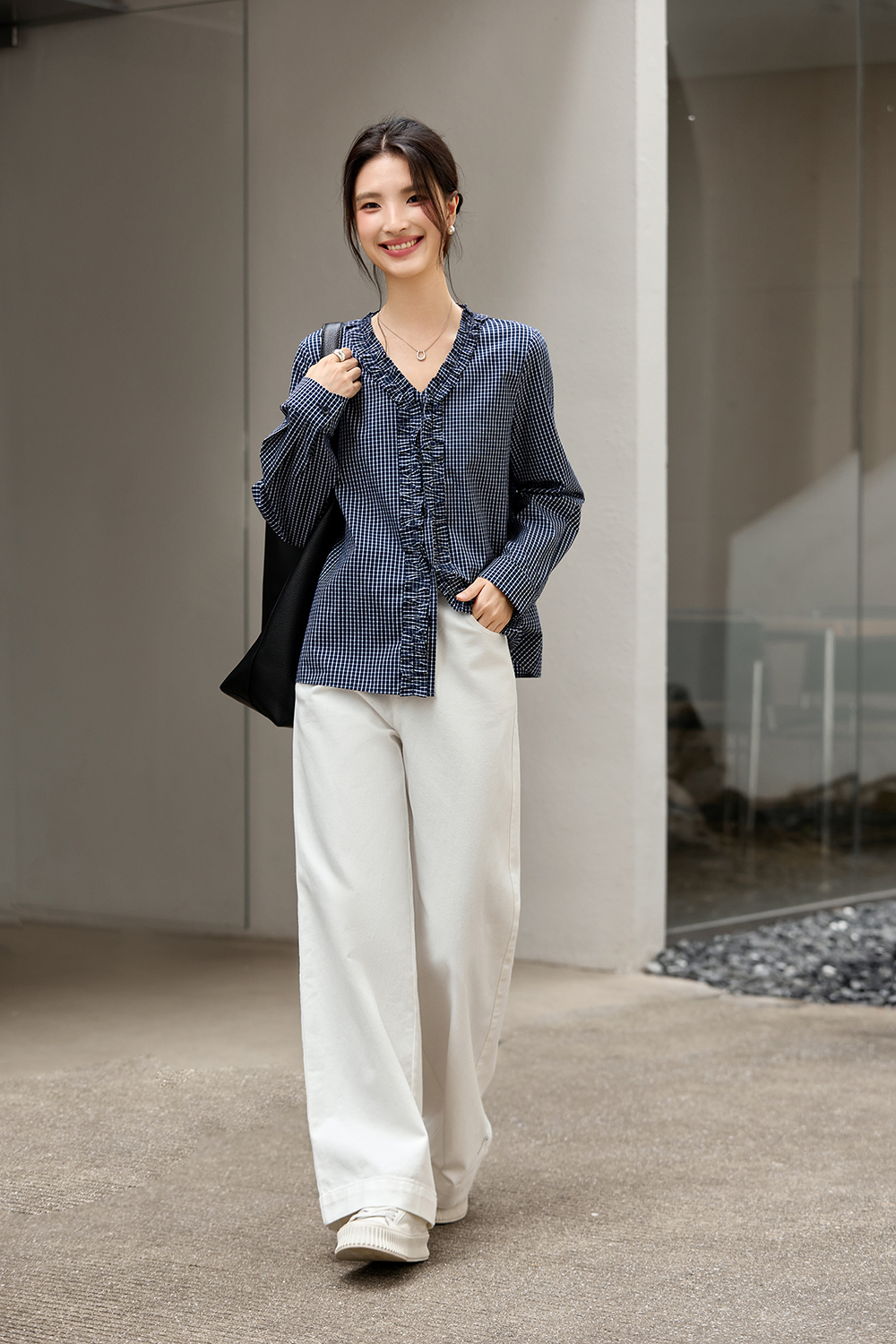 Navy Blue Ruffled Collar Pure Cotton Lapel Long Sleeve Plaid Shirt-VIMLYSTORE