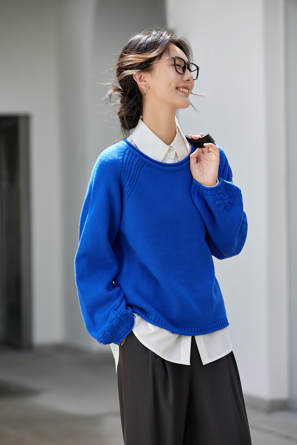 Blue three-dimensional crocheted sweater-VIMLYSTORE