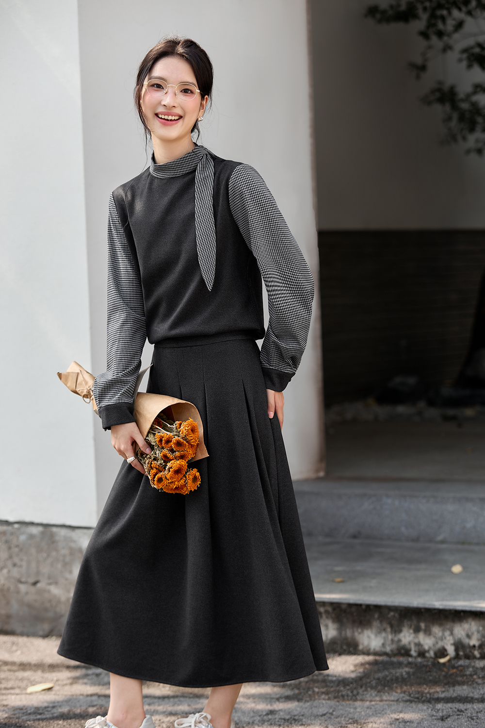 Stand Collar Top & Flowy Maxi Skirt Set-VIMLYSTORE