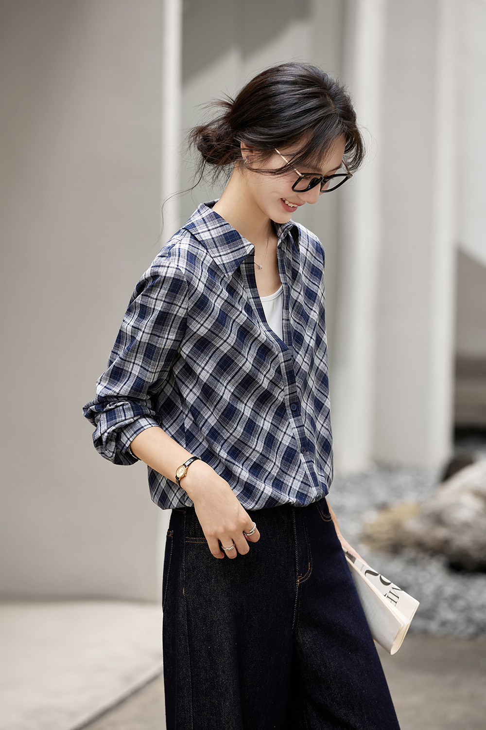 Faux Two-Tone Gingham Shirt in Dusty Blue-VIMLYSTORE