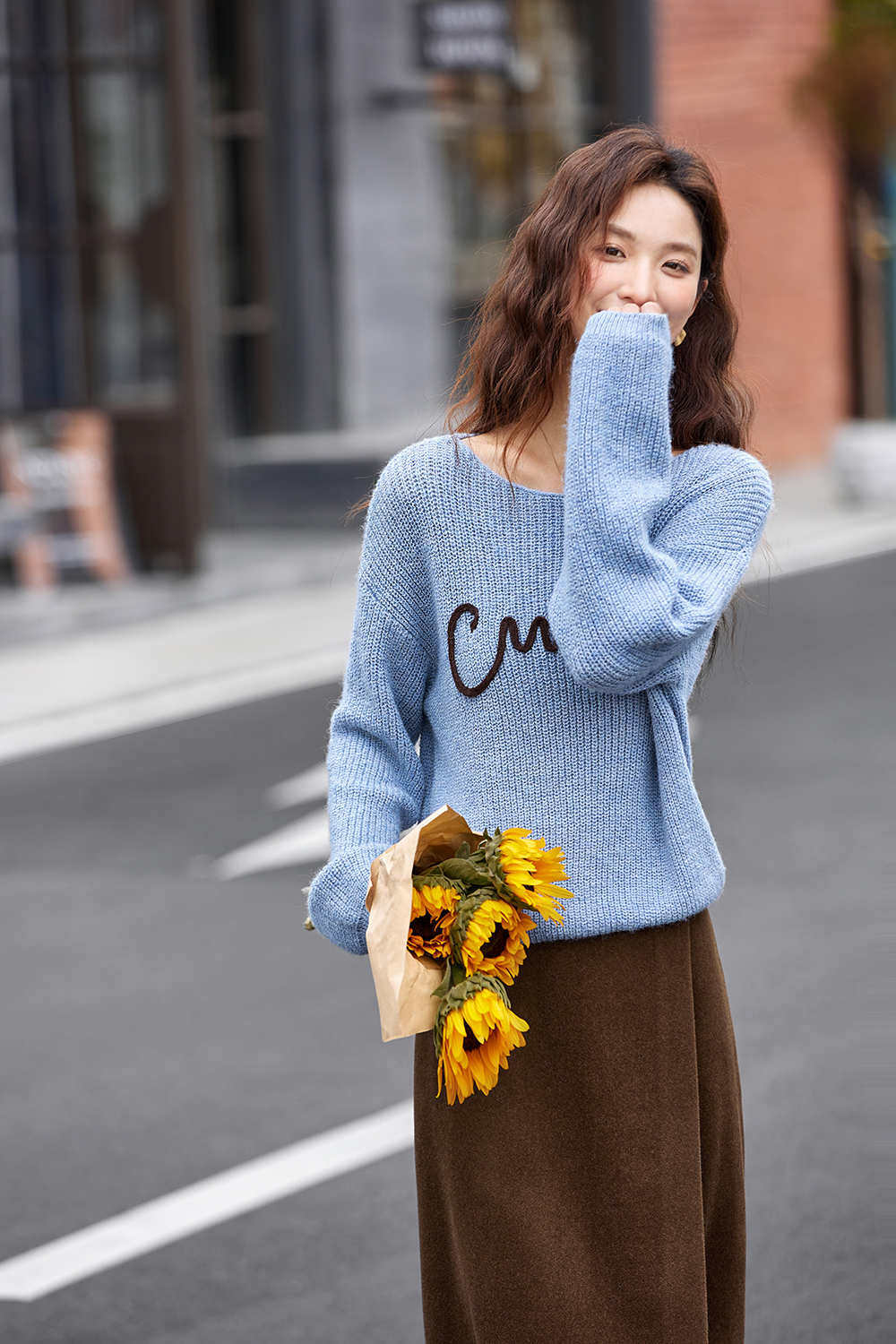 Letter Embroidered Round Neck Knit Sweater Loose Sweater-VIMLYSTORE