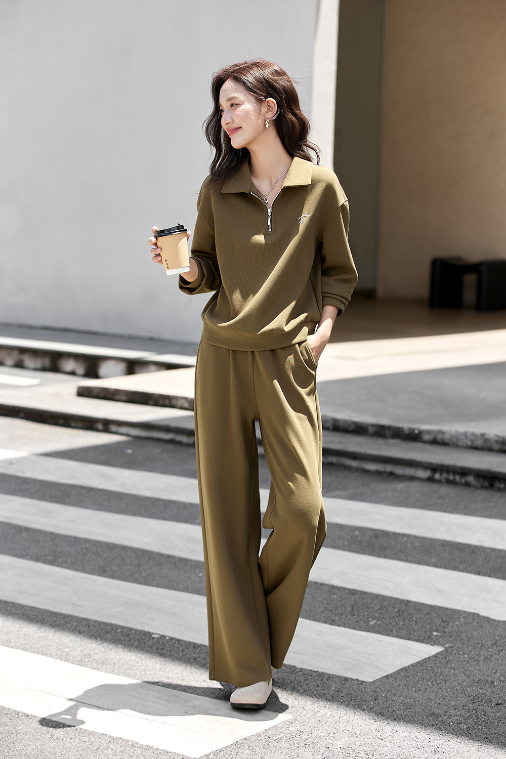 Little Elephant Embroidered Lapel Sweatshirt Wide-Leg Pants Set-VIMLYSTORE