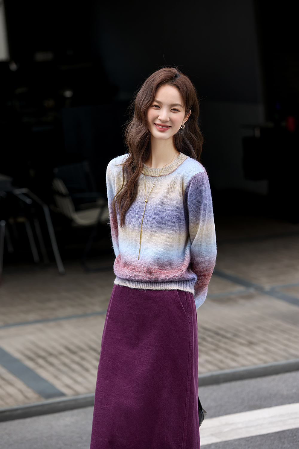 Gradient Color Round Neck Sweater Skirt Set-VIMLYSTORE