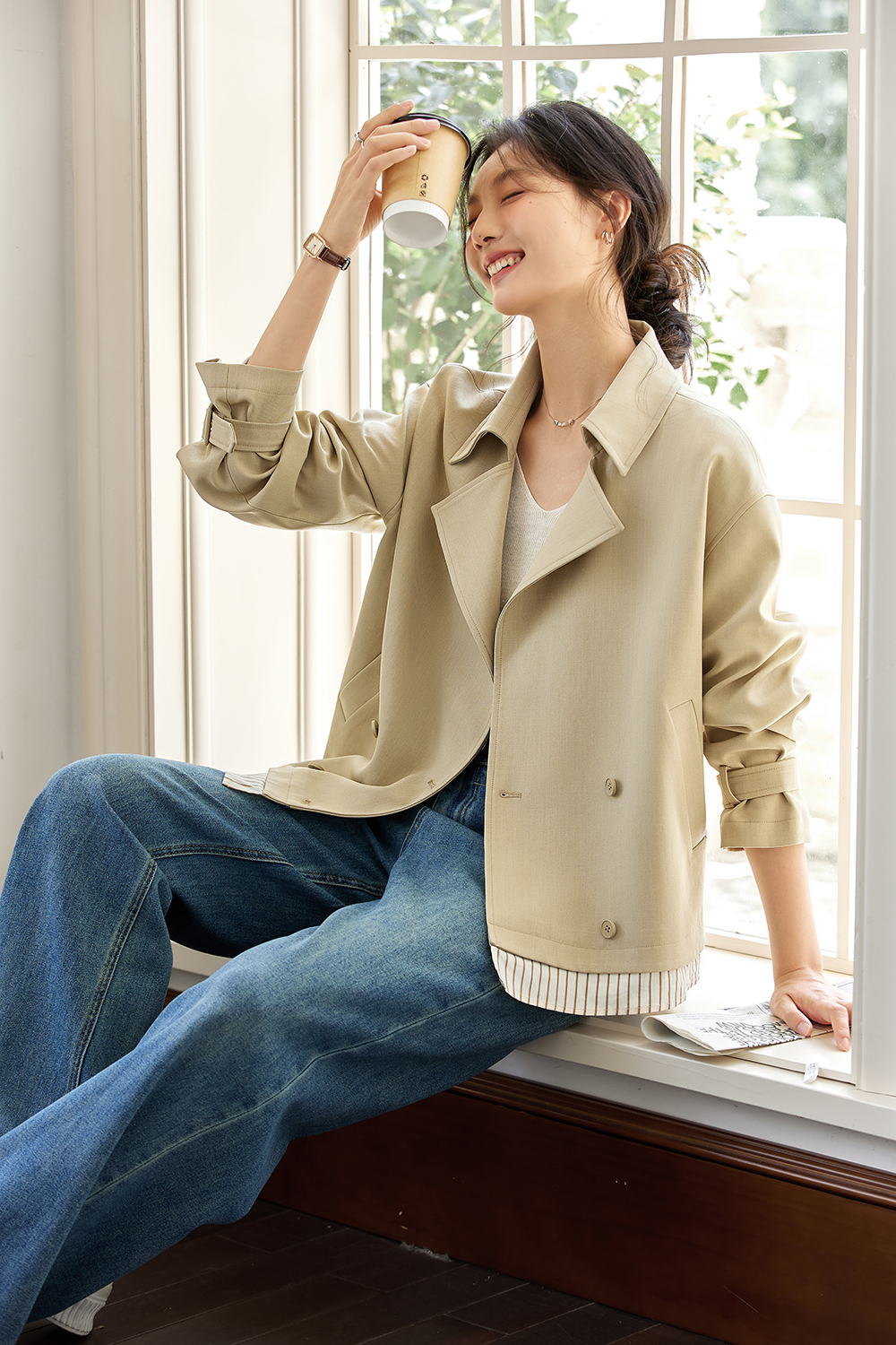 Khaki lapel trench coat-VIMLYSTORE