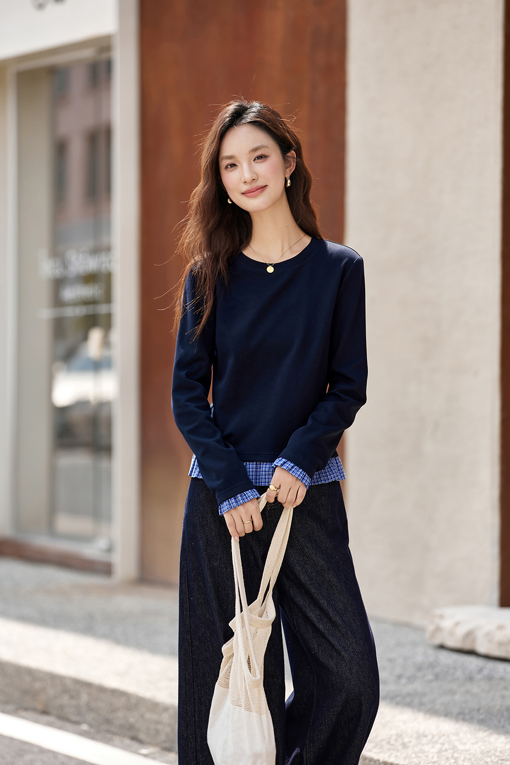 Plaid Patchwork Round Neck T-Shirt-VIMLYSTORE