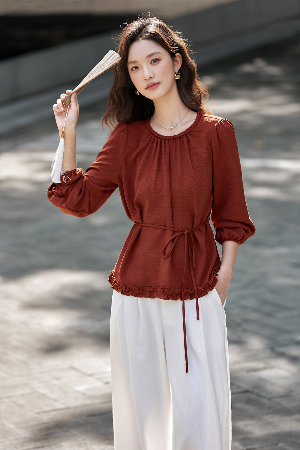 Vintage Round Neck Ruffle Collar Shirt-VIMLYSTORE