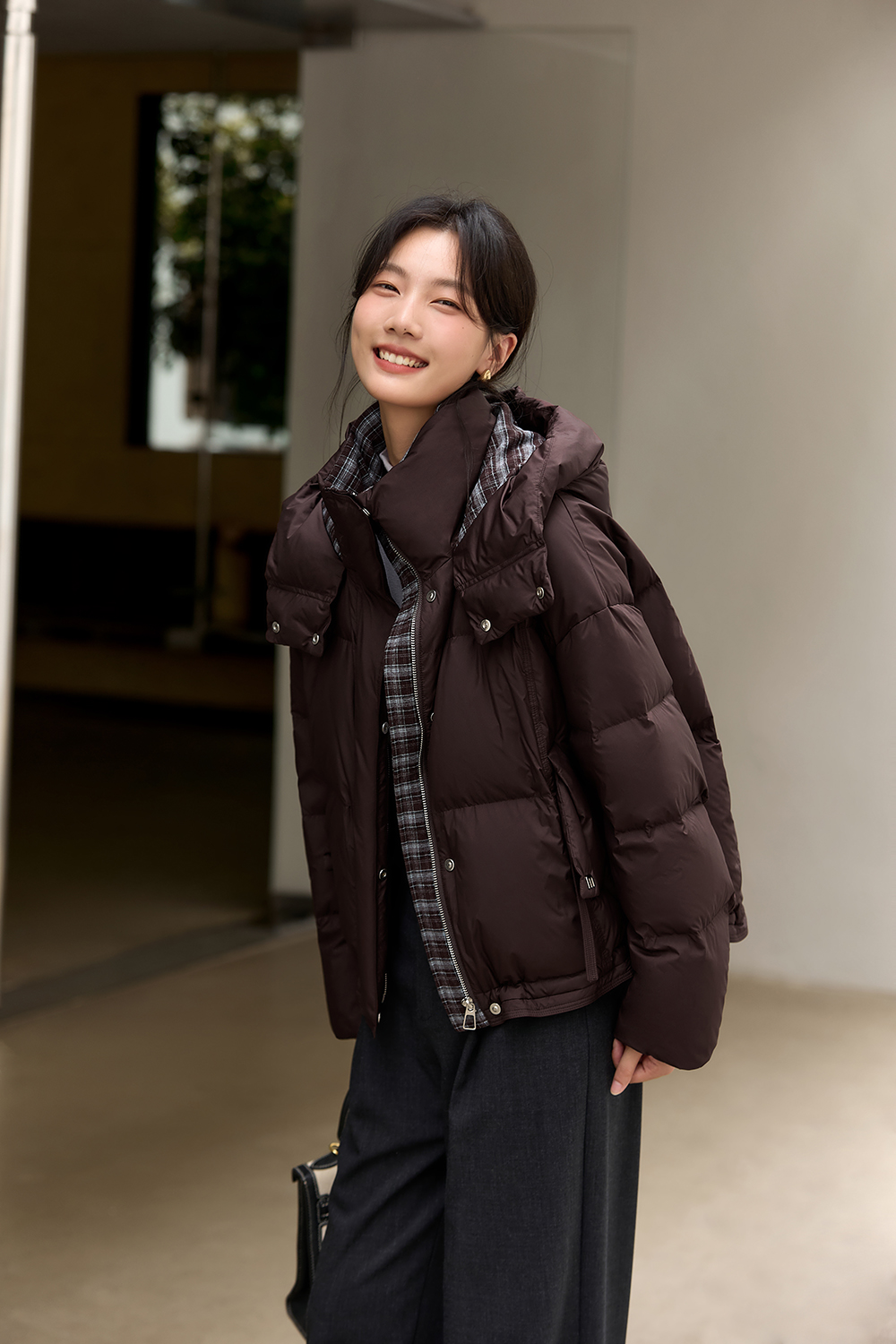 Patchwork Plaid Stand Collar Warm Short Hooded Down Jacket-VIMLYSTORE