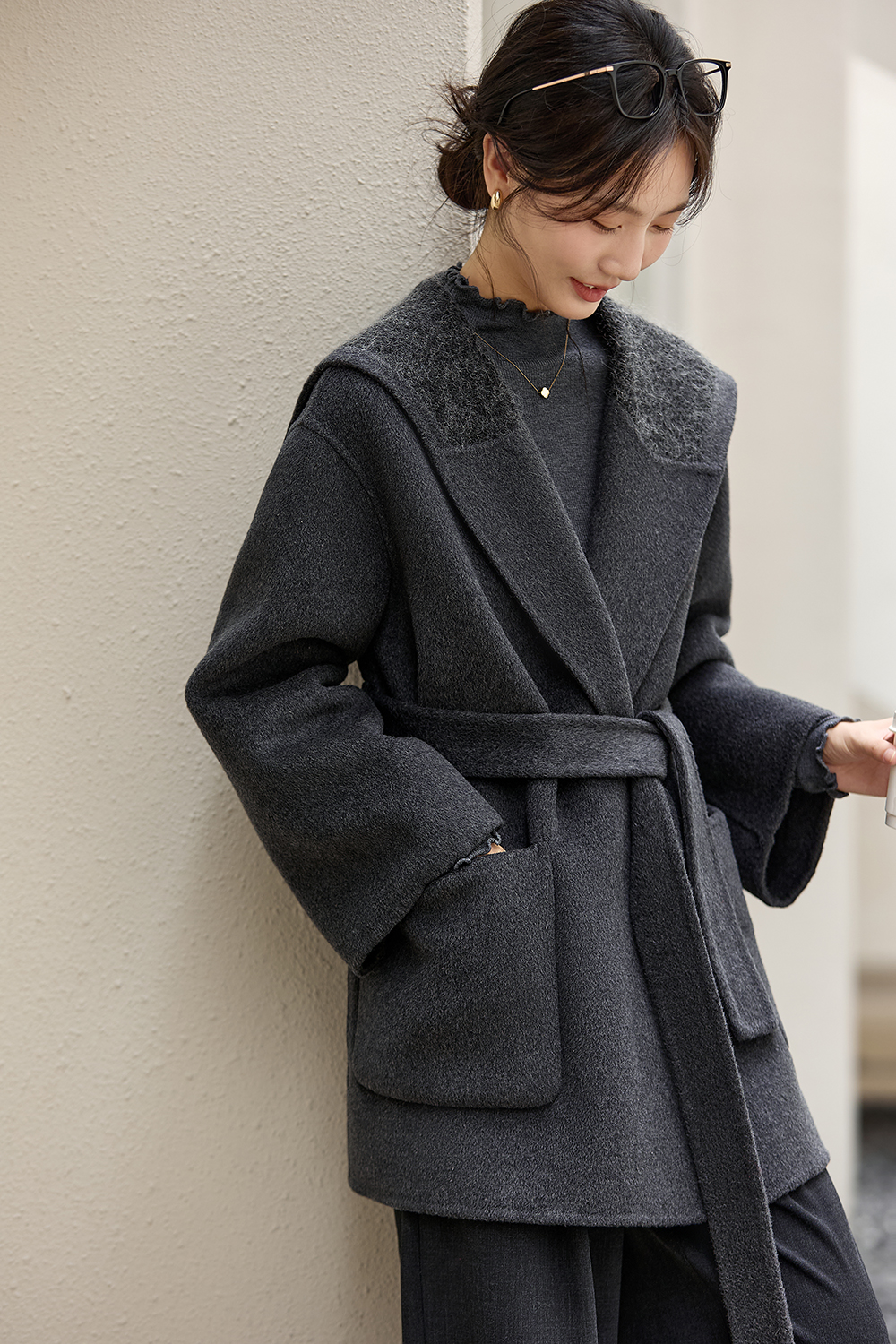 Sailor Collar Double-Faced Wool Loose Tie Wool Coat-VIMLYSTORE