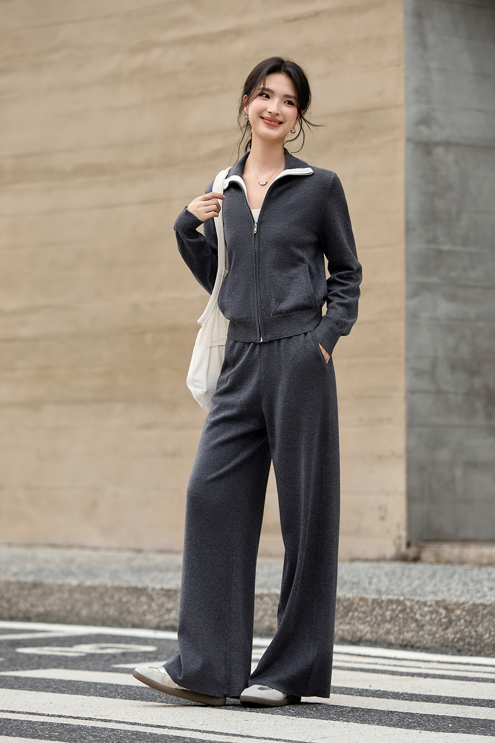 Color Block Zipper Lapel Knit Set-VIMLYSTORE