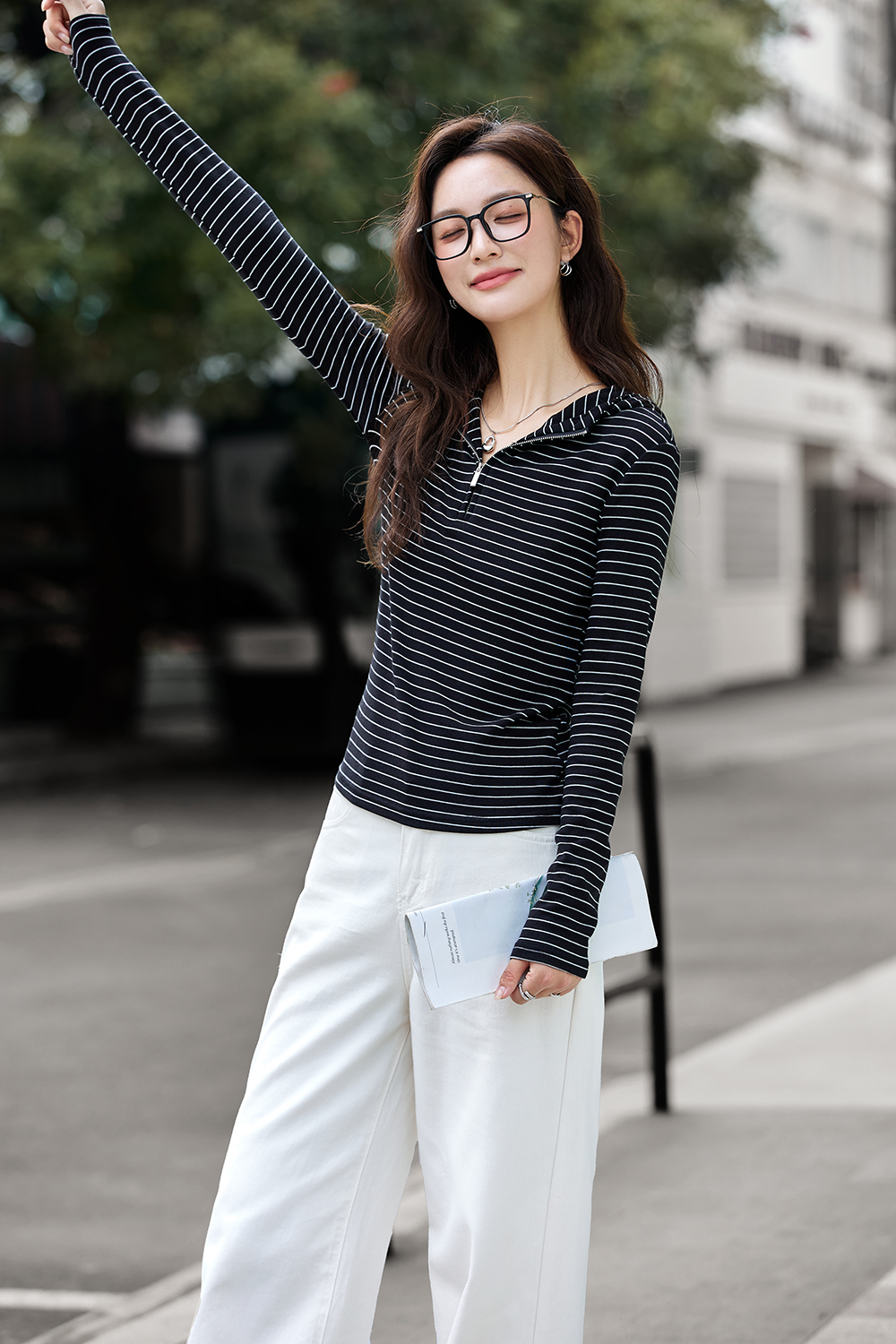 Striped Long Sleeve Hooded Slimming Zipper T-Shirt-VIMLYSTORE