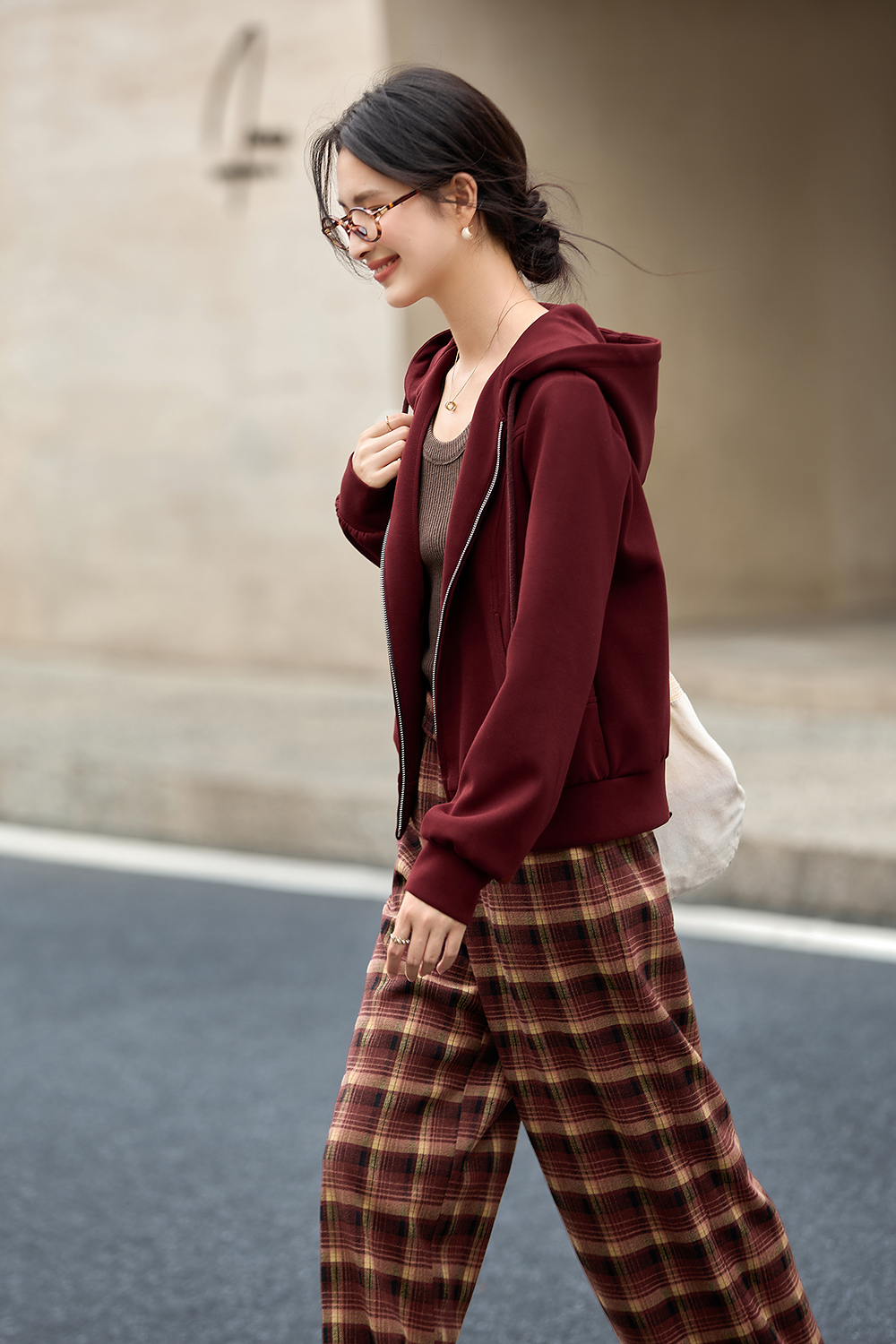 Hooded Zipper Jacket Plaid Pants Set-VIMLYSTORE