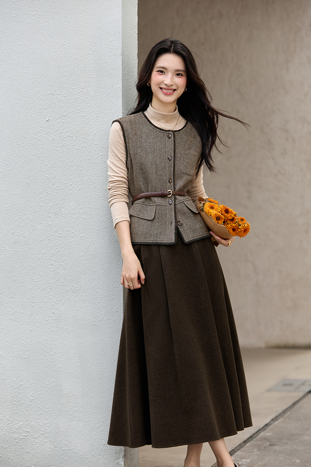 Round Neck Vest A-Line Long Skirt Set-VIMLYSTORE
