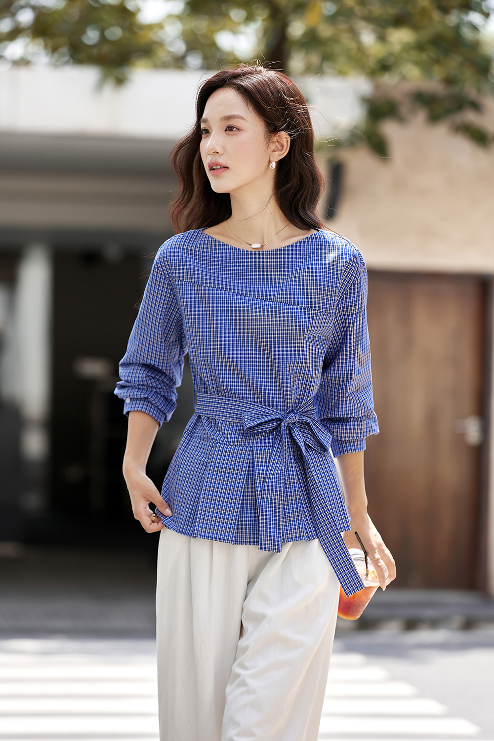 Boat Neck Plaid Waist Tie Slimming Long Sleeve Shirt-VIMLYSTORE