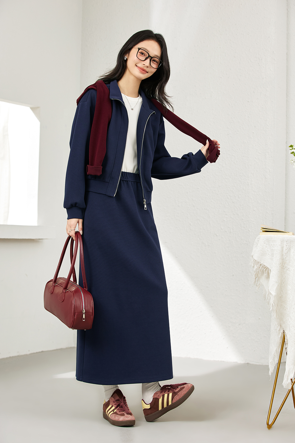 Navy blue cardigan sweater coat and skirt-VIMLYSTORE