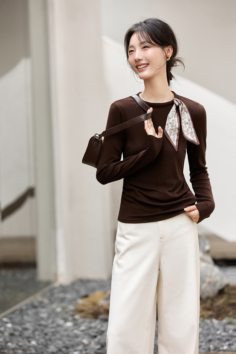 Scarf Decoration Round Neck Long Sleeve Knit T-Shirt-VIMLYSTORE