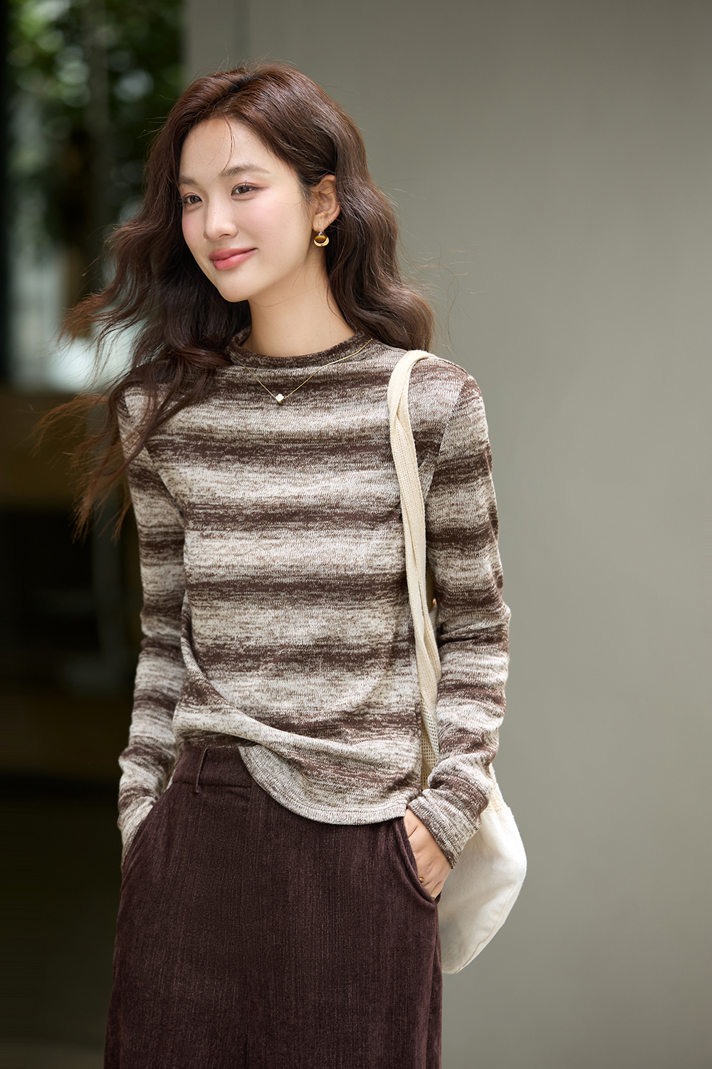 Slimming Mock Neck Stripe Knit Long Sleeve T-Shirt-VIMLYSTORE