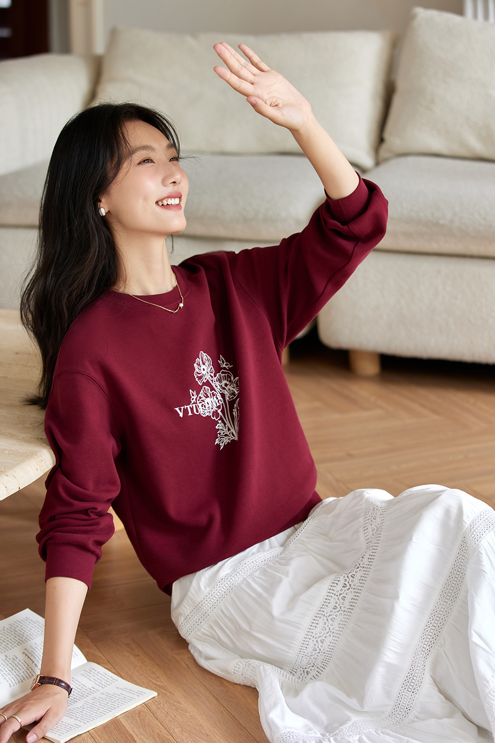 Flower print red round neck Sweatshirt-VIMLYSTORE