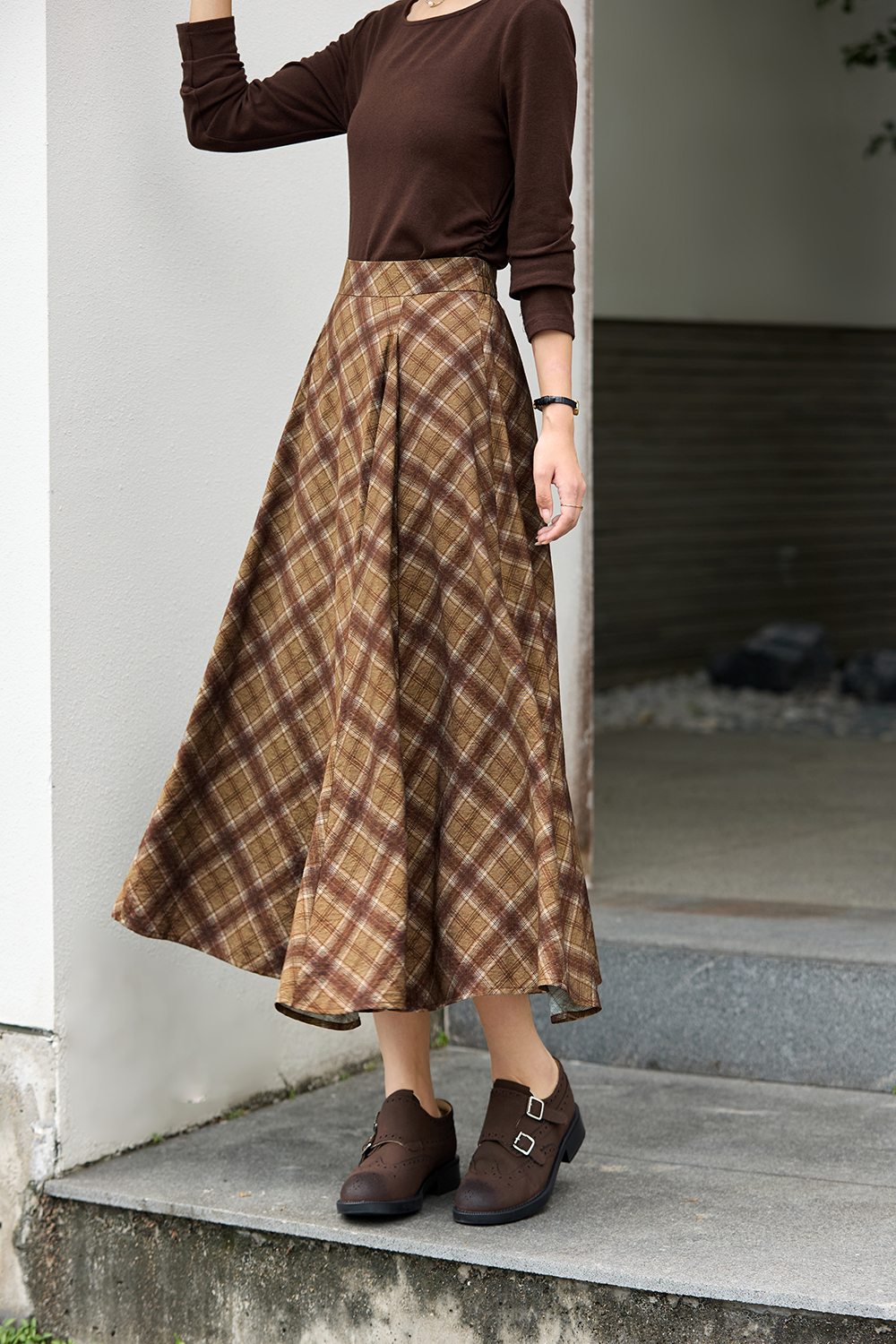 French Elegant Plaid Large Hem Midi Skirt-VIMLYSTORE