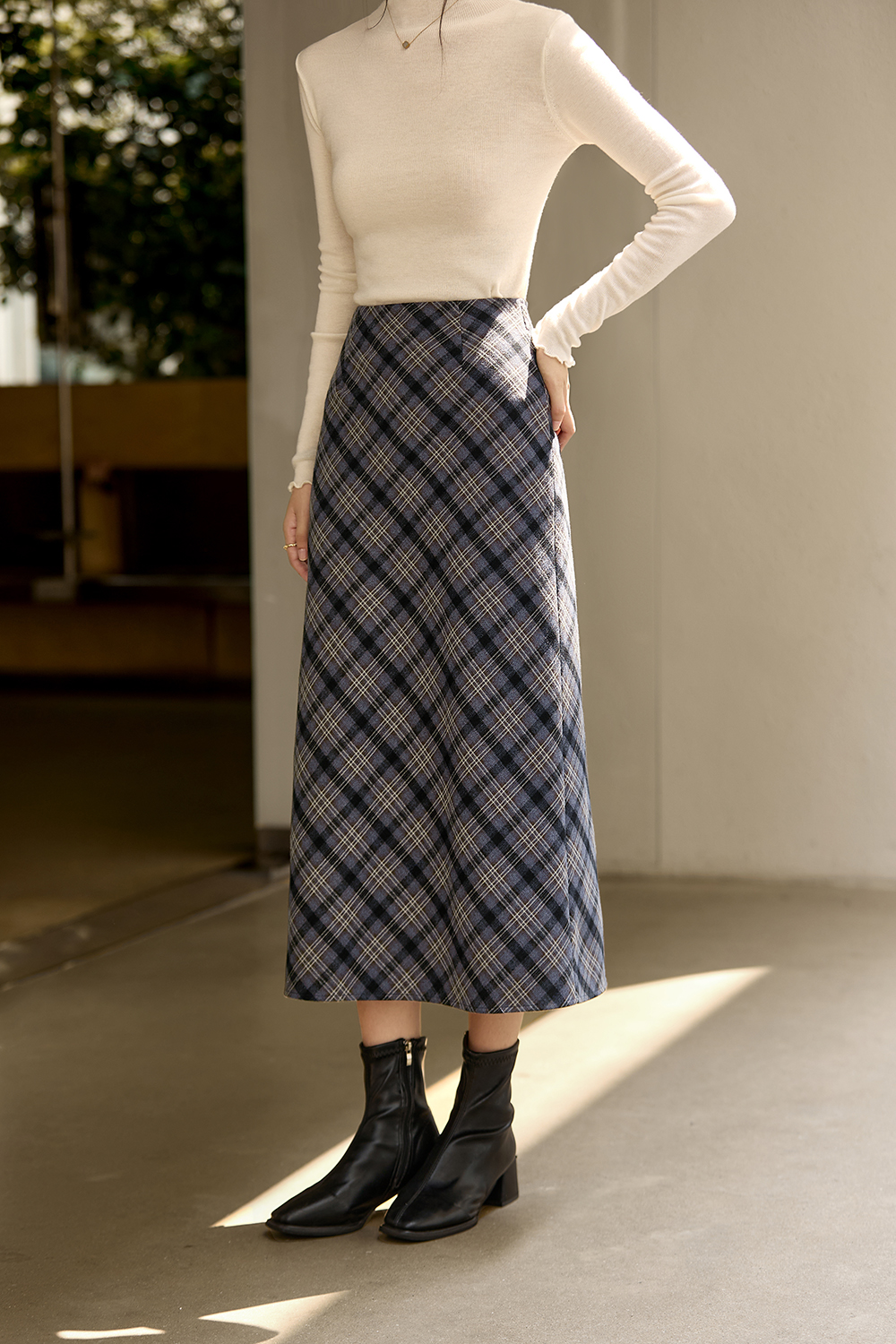 Dusty Blue Plaid Woolen Midi Skirt-VIMLYSTORE