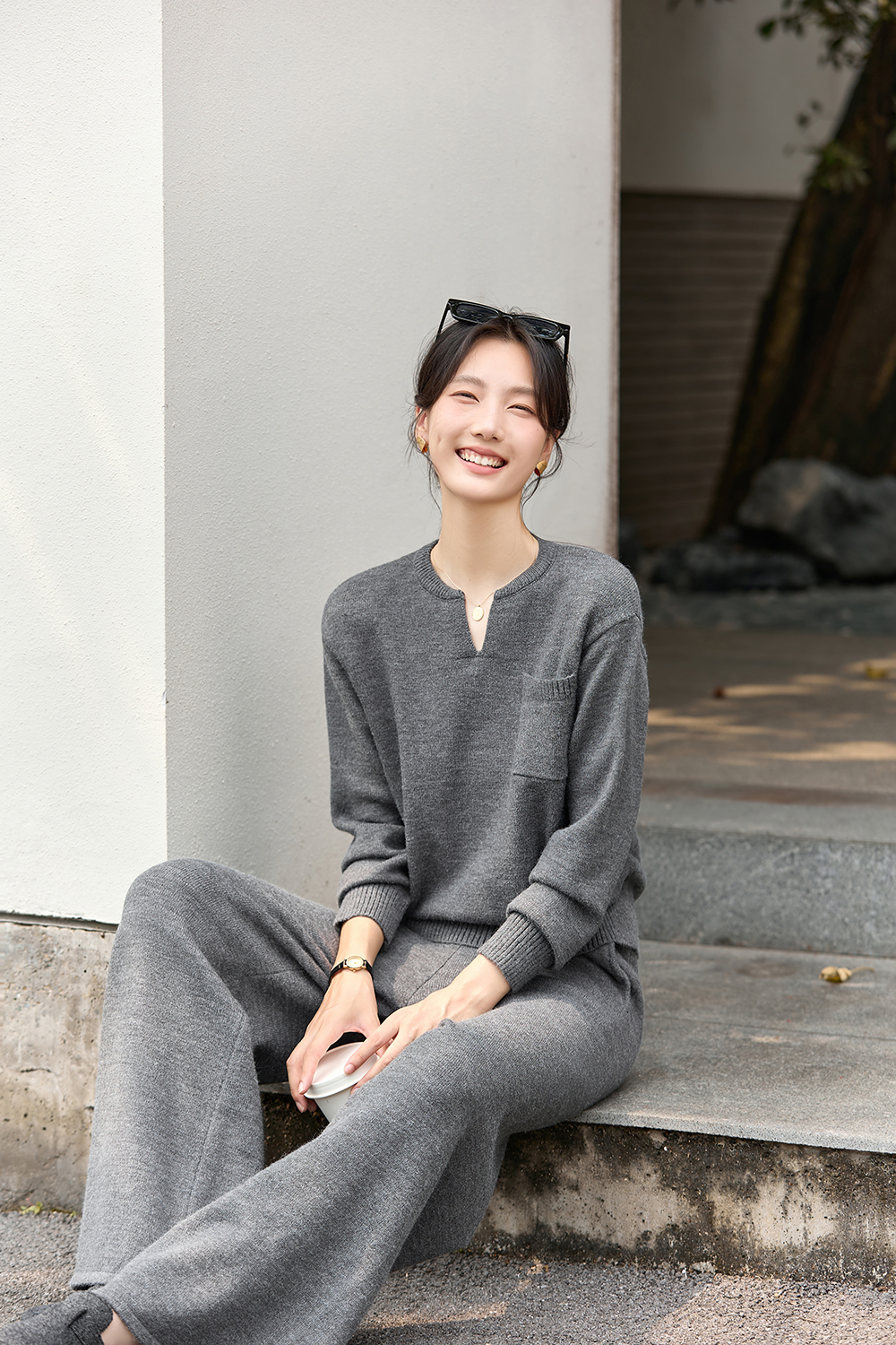 V-Neck Sweater & Straight Pants Set-VIMLYSTORE